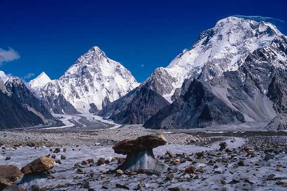 K2, 8611m, and Broad Peak, 8047m, seen from the Vigné Glacier, Karakoram Mountains