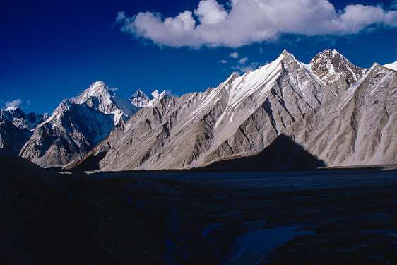 Gasherbrum group (I-IV, from right), seen at sunset from Camp Ali, 5000m, Karakoram Mountains
