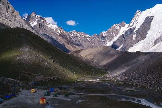 Camp Chustang, 4700m, and the Gondogoro Glacier moraine, Karakoram Mountains