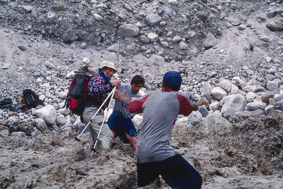 River crossing with a little help, Hushe Valley, Karakoram Mountains