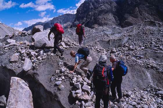 Trekking group on the Biafo Glacier, Karakoram Mountains