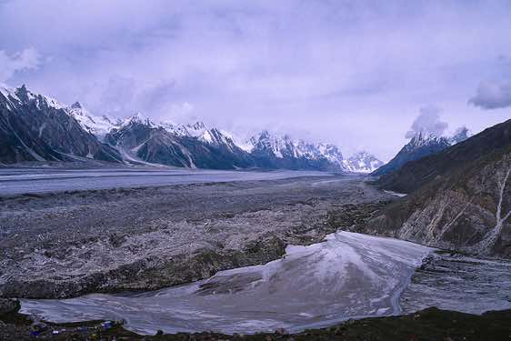 Biafo Glacier and Camp Shafong, 3900m, seen from above, Karakoram Mountains
