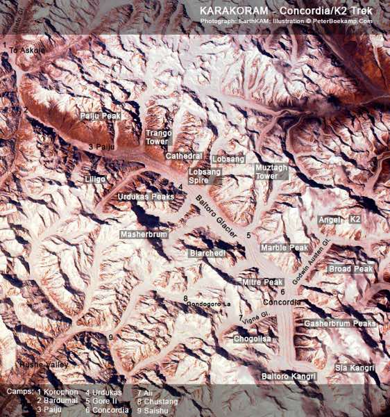 An illustrated satellite image of the Karakoram Range shows the location of important mountains and the overnight campsites on the trek from Askole to Concordia and into the Hushe Valley