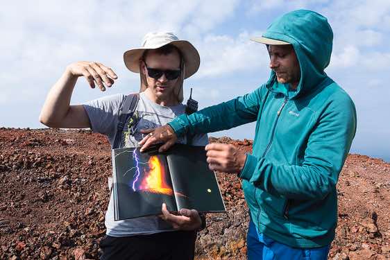 Our tour guides Roma and Igor show a book with images of Tolbachik's most recent eruption