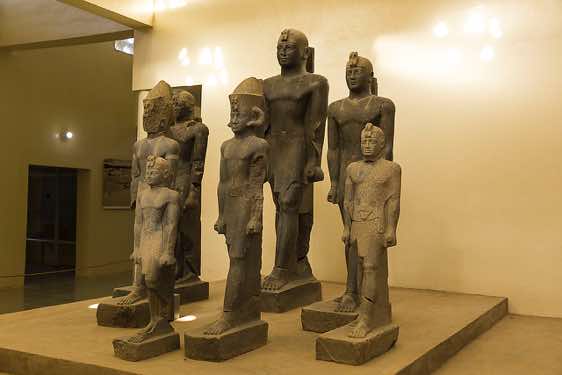Statues of pharaohs of the Nubian Twenty-fifth Dynasty of Egypt discovered near Kerma, displayed in the Kerma Museum founded by Charles Bonnett