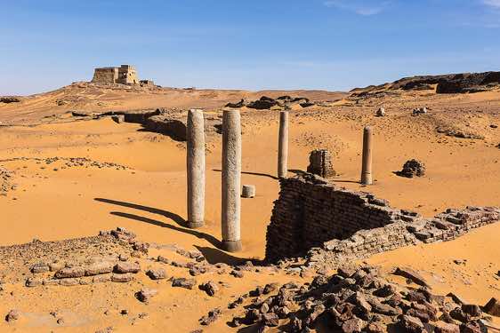 The archaeological site of Old Dongola, where the ruins of a Christian Coptic temple with marble columns as well as several churches are situated on the banks of the River Nile