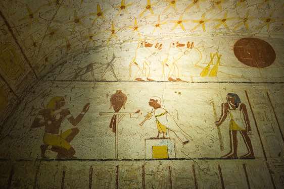 Wall paintings in the tomb of King Tantamani (Tanwetamani), part of the royal cemetery, El Kurru archaeological site, Northern Sudan