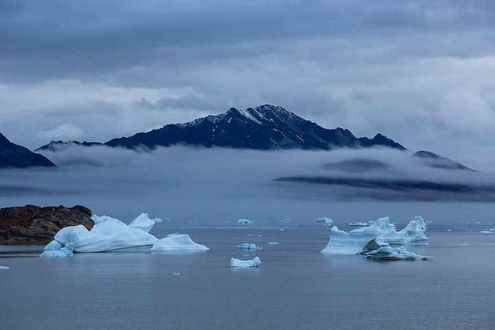 Sermilik Fjord in clouds, seen from campsite near Sermilik Research Station, Ammassalik Island