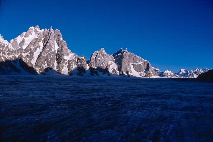 Sosbun Brakk, 6413m, and Broad Tower, 6066m, seen from the Biafo Glacier, Karakoram Mountains