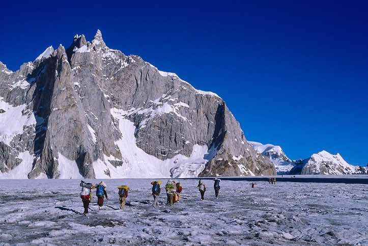 Group of porters on the Biafo Glacier, Karakoram Mountains