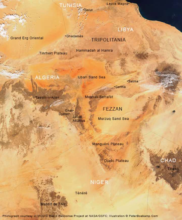 An illustrated Satellite Image of Libya and its neighboring countries shows the Sahara's diverse landscape 'from above' and reveals a diversity of land surface features, including ancient lava flows and volcanoes