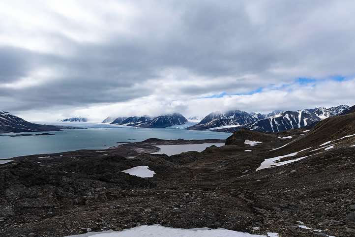 Panoramic view of Liefdefjorden with Monacobreen Glacier and Seligerbreen Glacier (from left)