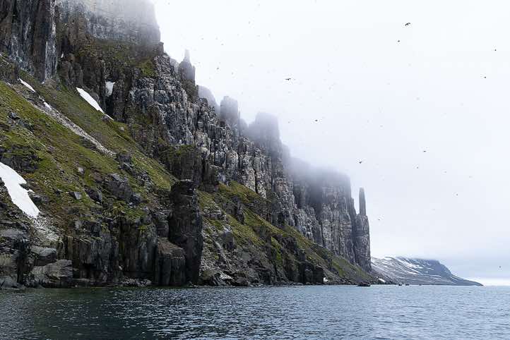 The dramatic basalt cliffs of Alkefjellet, Hinlopen Strait