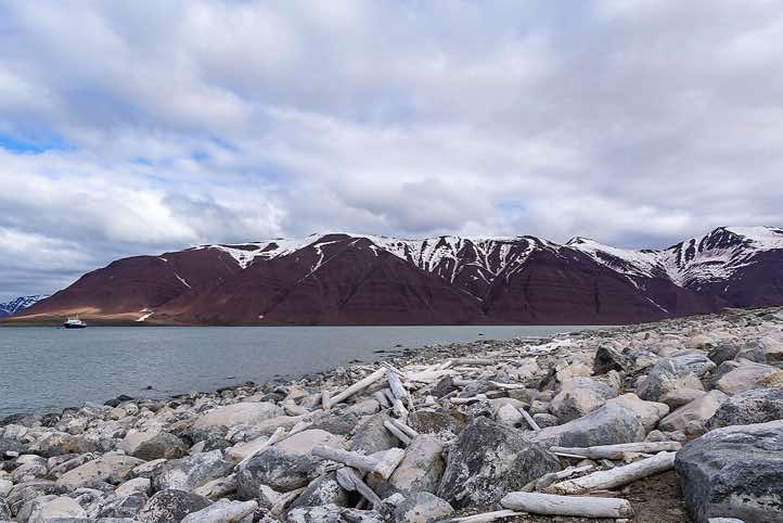 Landing site with 'Old Red' mountains in the background, Bockfjorden