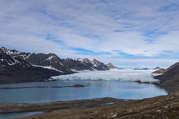 View from the slopes of a mountain ridge between two glaciers, Valentinryggen, St. Jonsfjorden