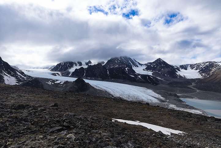 Glacier seen from the slopes of Smørstabben mountain, Bockfjorden